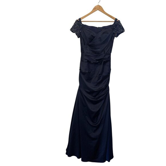 NWT La Femme Off the Shoulder Beaded Satin Trumpet Gown In Navy Size  Women's Si - Picture 3 of 11